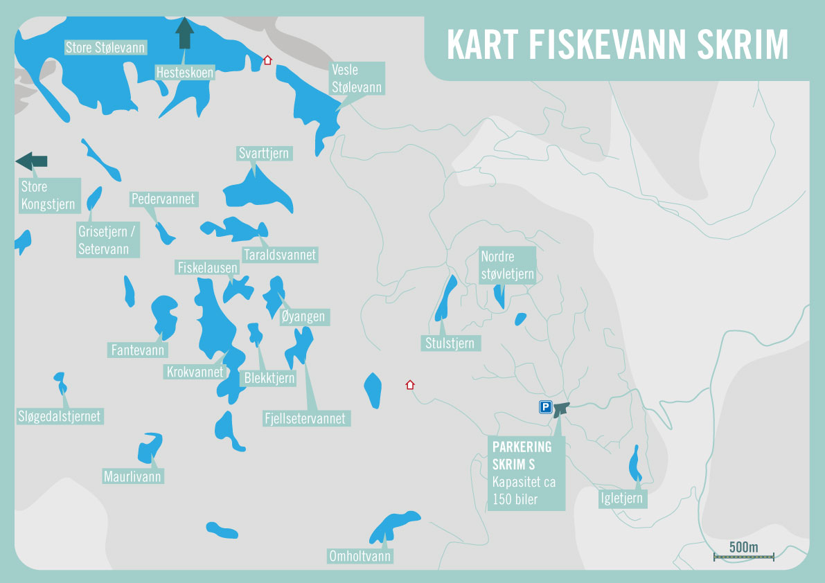 Kart over fiskevann på Skrim