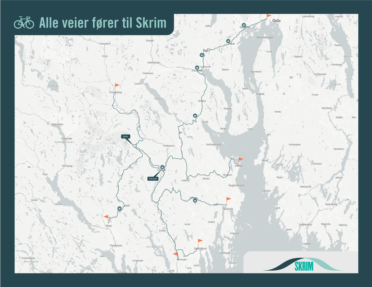 Kart for sykkelturer som fører til Skrim